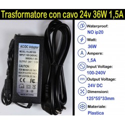 Trasformatore con Cavo 24v 36w 1a per Strisce, Strip Led Adattatore, Alimentatore Stabilizzato