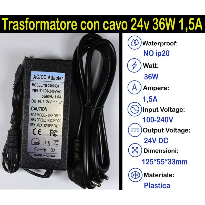 Trasformatore con Cavo 24v 36w 1a per Strisce, Strip Led Adattatore, Alimentatore Stabilizzato