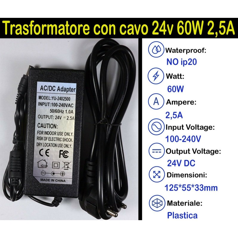 Trasformatore con Cavo 24v 60w 2,5a per Strisce, Strip Led Adattatore, Alimentatore Stabilizzato