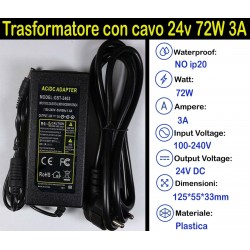 Trasformatore con Cavo 24v 72w 3a per Strisce, Strip Led Adattatore, Alimentatore Stabilizzato