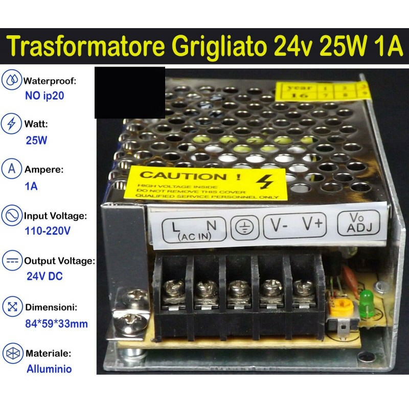 Trasformatore Grigliato 24v 25w 1a per Strisce, Strip Led Adattatore, Alimentatore Stabilizzato