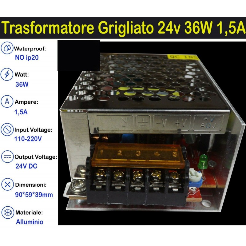 Trasformatore Grigliato 24v 36w 1a per Strisce, Strip Led Adattatore, Alimentatore Stabilizzato