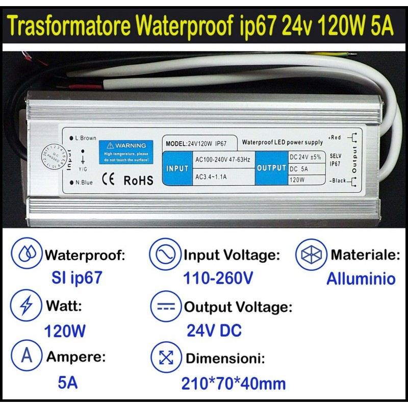 Trasformatore ip67 24v 120w 5a per Strisce, Strip Led Adattatore, Alimentatore Stabilizzato