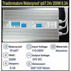 Trasformatore ip67 24v 200w 8a per Strisce, Strip Led Adattatore, Alimentatore Stabilizzato