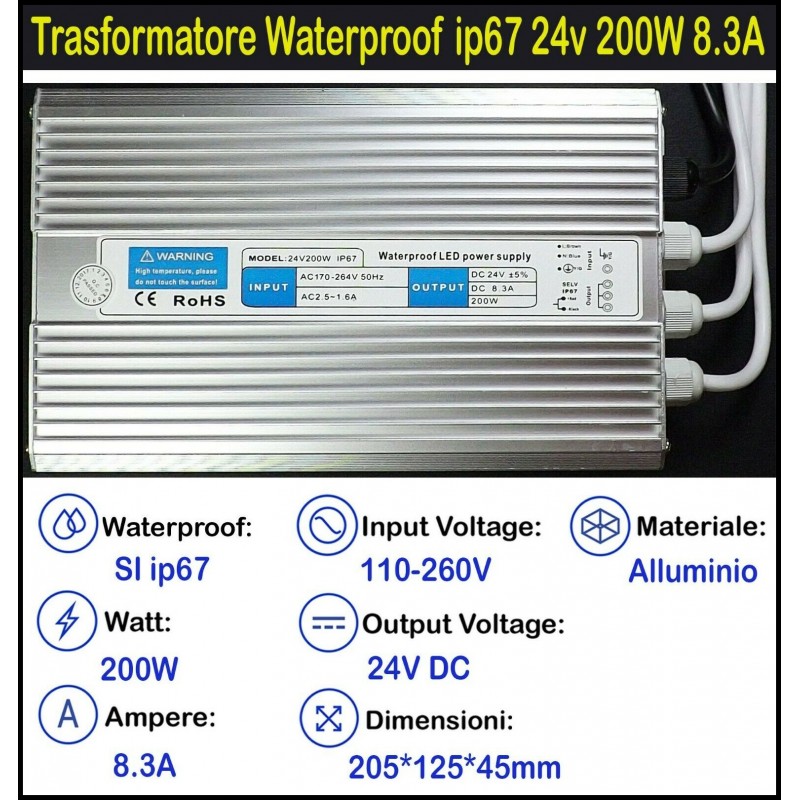 Trasformatore ip67 24v 200w 8a per Strisce, Strip Led Adattatore, Alimentatore Stabilizzato