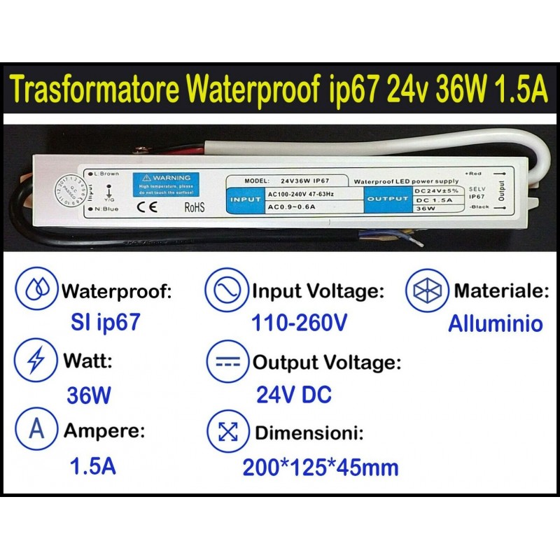 Trasformatore ip67 24v 36w 1a per Strisce, Strip Led Adattatore, Alimentatore Stabilizzato