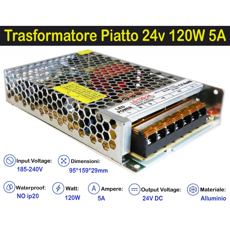 Trasformatore Piatto 24v 120w 5a per Strisce, Strip Led Adattatore, Alimentatore Stabilizzato