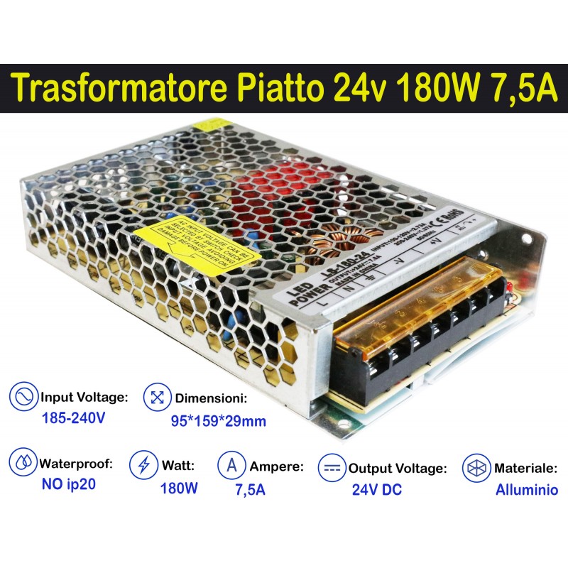 Trasformatore Piatto 24v 180w 7a per Strisce, Strip Led Adattatore, Alimentatore Stabilizzato