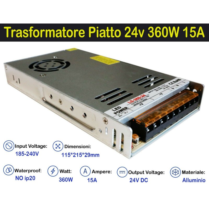 Trasformatore Piatto 24v 360w 15a per Strisce, Strip Led Adattatore, Alimentatore Stabilizzato