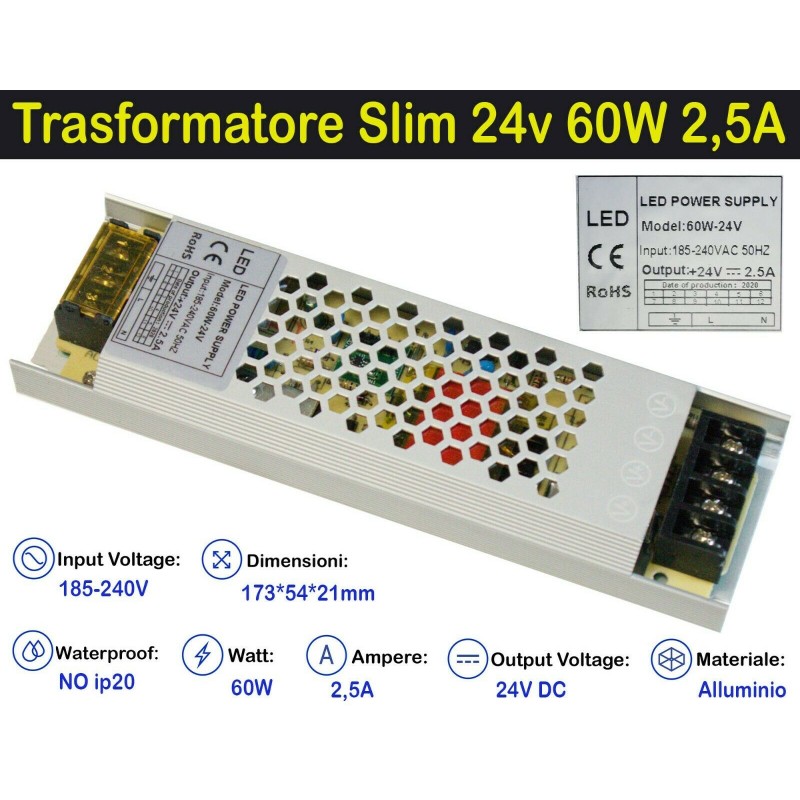 Trasformatore Slim 24v 60w 2a per Strisce, Strip Led Adattatore, Alimentatore Stabilizzato