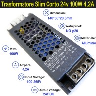 Trasformatore Slim Corto 24v 100w 4a per Strisce, Strip Led Adattatore, Alimentatore Stabilizzato