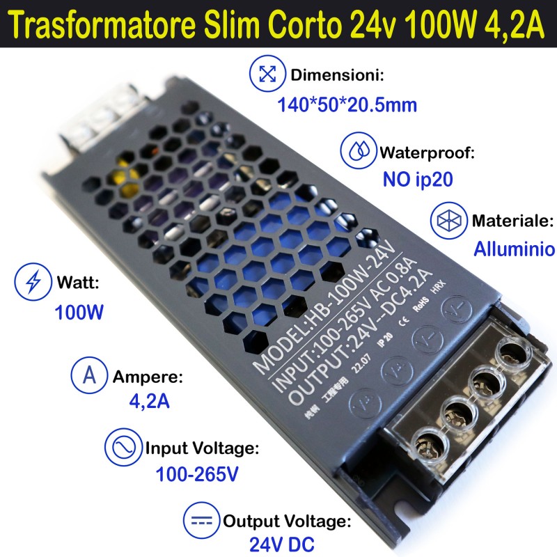 Trasformatore Slim Corto 24v 100w 4a per Strisce, Strip Led Adattatore, Alimentatore Stabilizzato