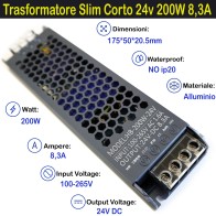 Trasformatore Slim Corto 24v 200w 8a per Strisce, Strip Led Adattatore, Alimentatore Stabilizzato