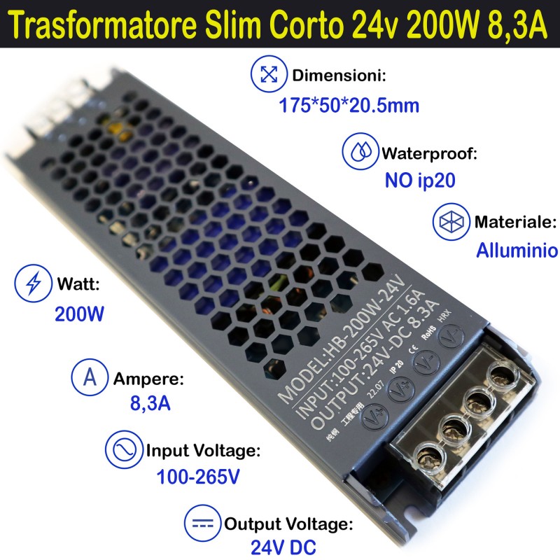 Trasformatore Slim Corto 24v 200w 8a per Strisce, Strip Led Adattatore, Alimentatore Stabilizzato