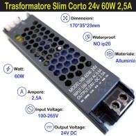 Trasformatore Slim Corto 24v 60w 2a per Strisce, Strip Led Adattatore, Alimentatore Stabilizzato