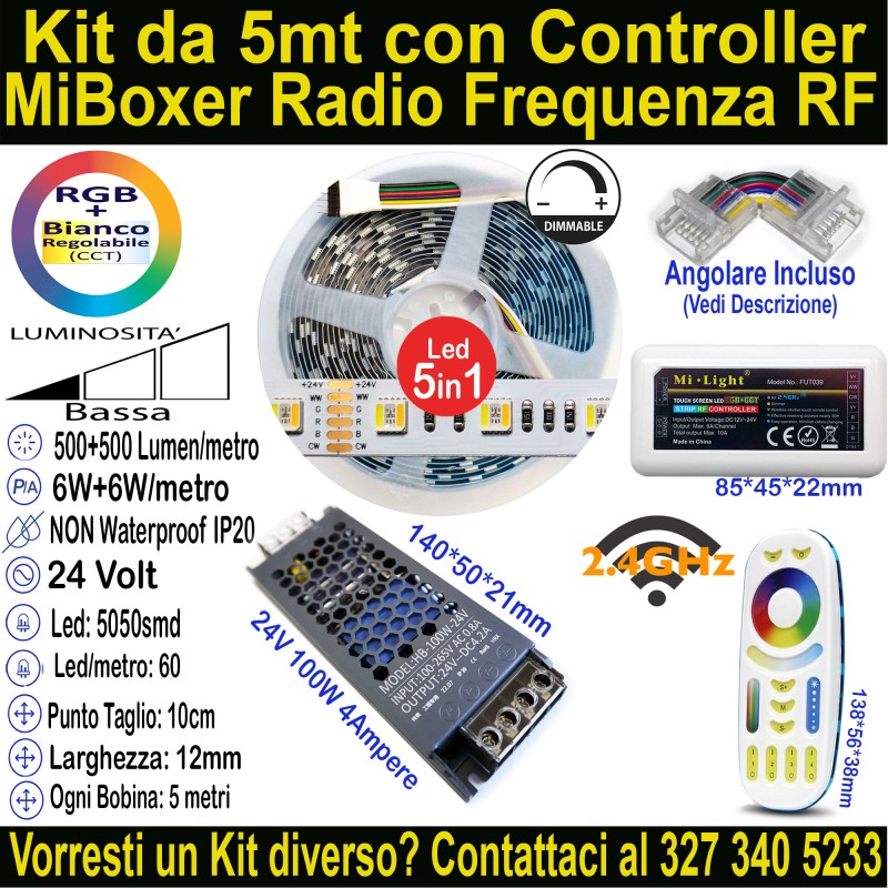 Kit Striscia LED RGB + Bianco Regolabile 24V 12W/m 5-15m per Controsoffitti