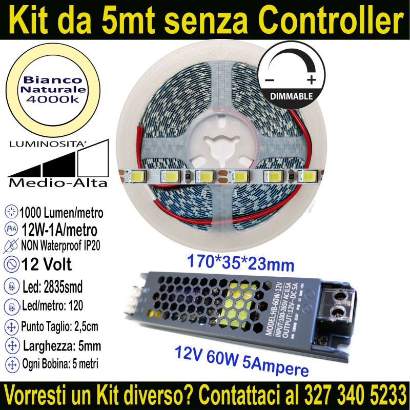 Kit Striscia LED Bianco Naturale 12V 12W/m 5-15m per Controsoffitti