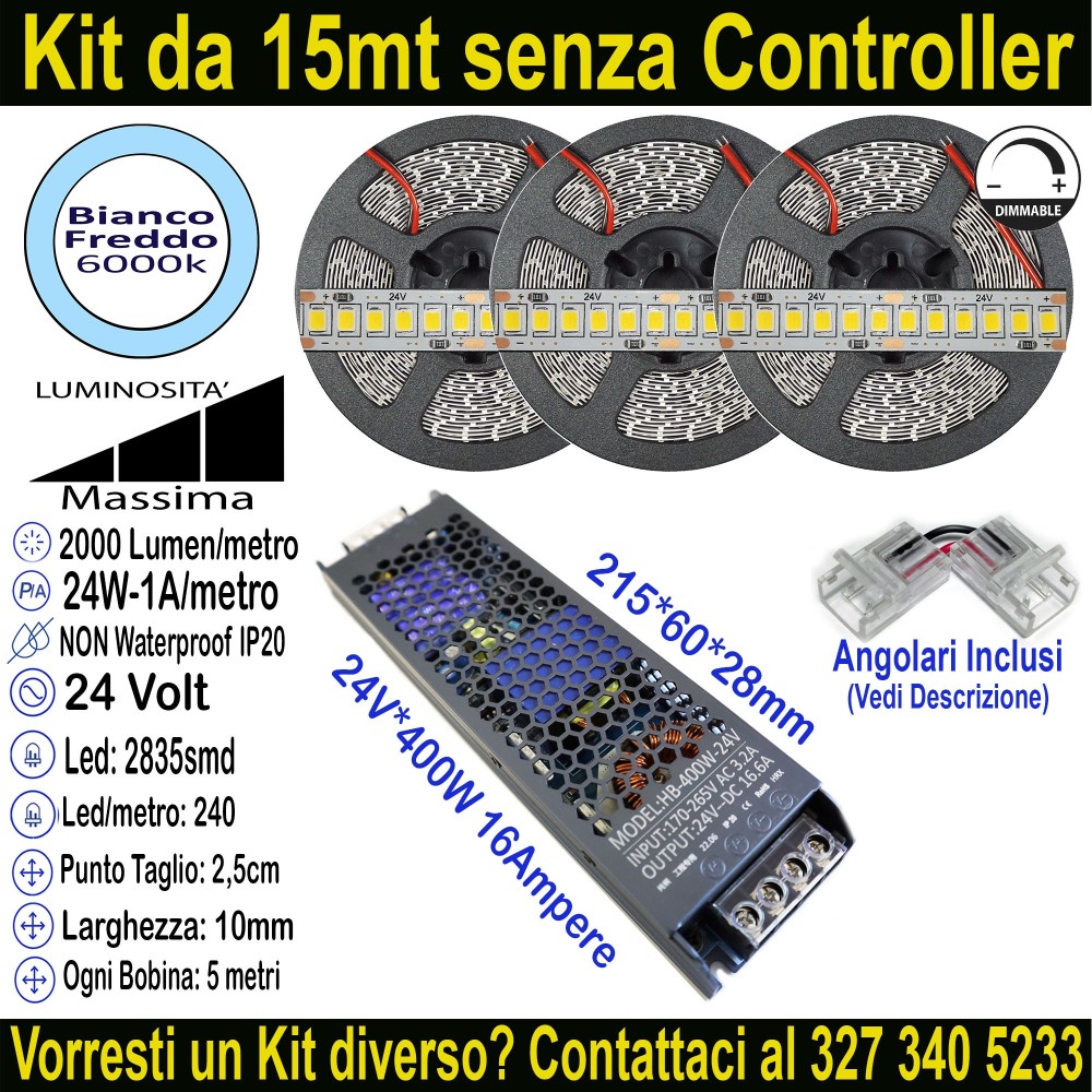 Kit Striscia LED 15m Bianco Freddo 6000K 24V 24W/m Massima Luminosità
