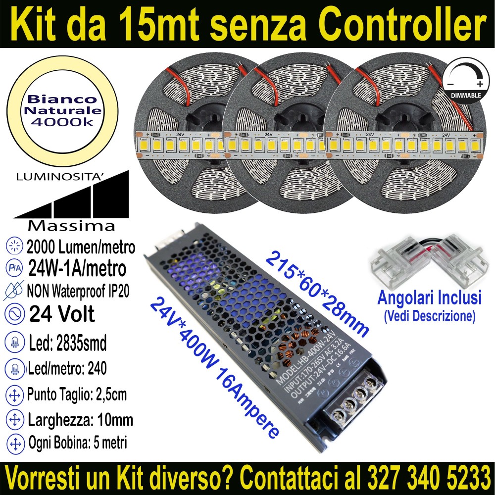 Kit Striscia LED 15m Bianco Naturale 4000K 24V 24W/m Massima Luminosità