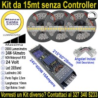 Kit Striscia LED 15m Bianco Caldo 3000K 24V 24W/m Massima Luminosità