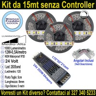 Kit Striscia LED 15m Bianco Freddo 6000K 24V 12W/m Alta Luminosità