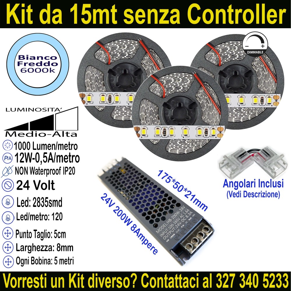 Kit Striscia LED 15m Bianco Freddo 6000K 24V 12W/m Alta Luminosità