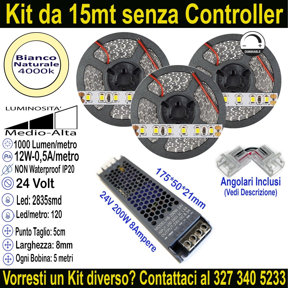 Kit Striscia LED 15m Bianco Naturale 4000K 24V 12W/m Alta Luminosità