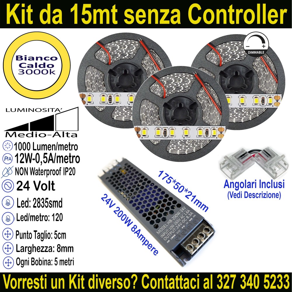 Kit 15m Striscia LED Bianco Caldo 3000K 24V 12W/m | IP20 8mm Mod:144