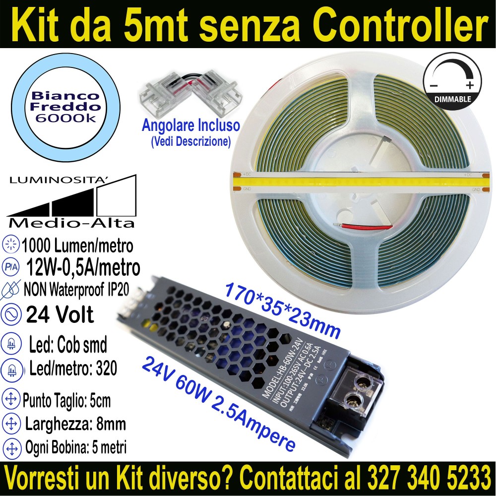 Kit 5m Striscia LED COB Bianco Freddo 6000K 24V 12W/m | IP20 8mm Mod:133
