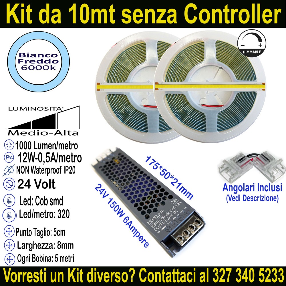 Kit 10m Striscia LED COB Bianco Freddo 6000K 24V 12W/m | IP20 8mm Mod:133