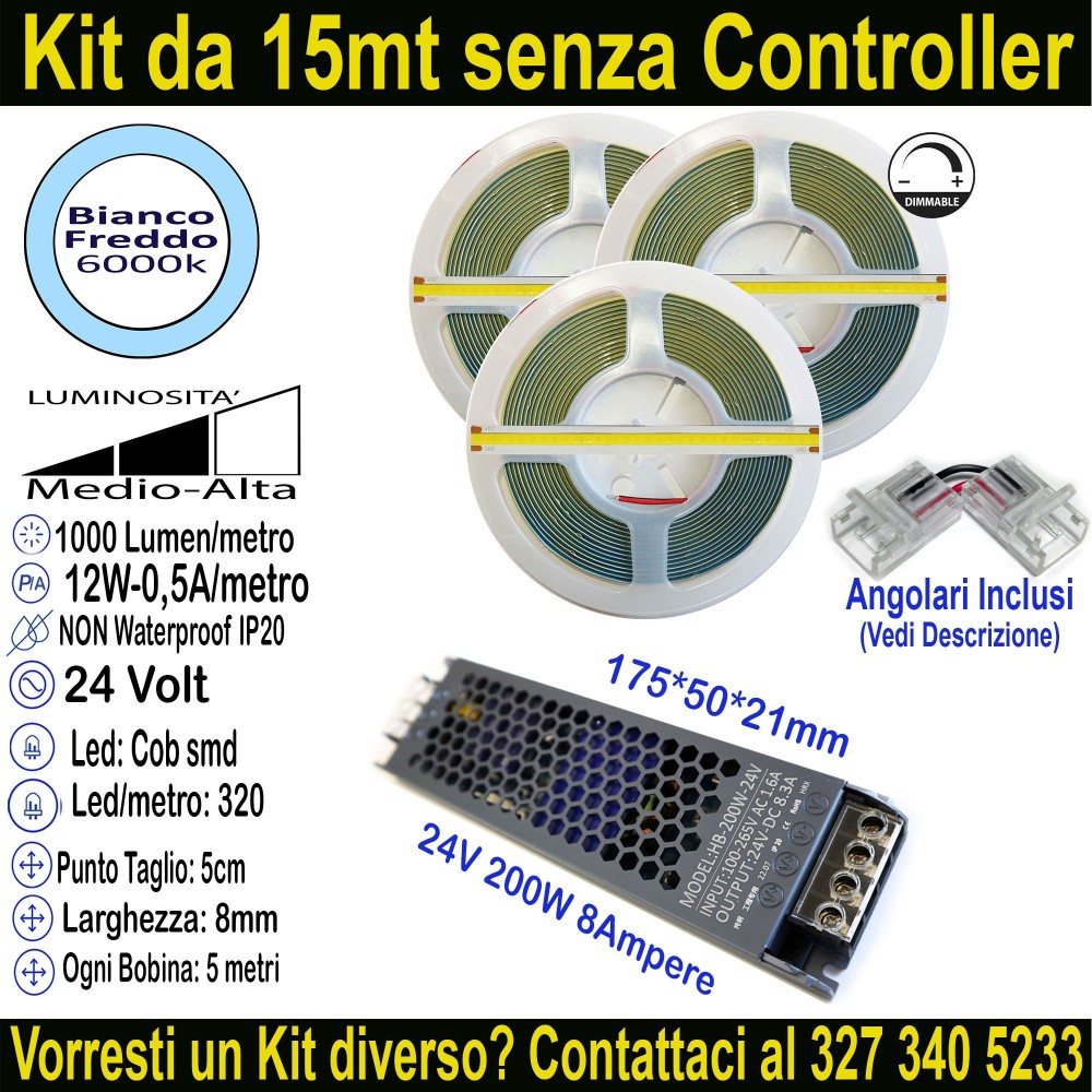 Kit 15m Striscia LED COB Bianco Freddo 6000K 24V 12W/m | IP20 8mm Mod:133
