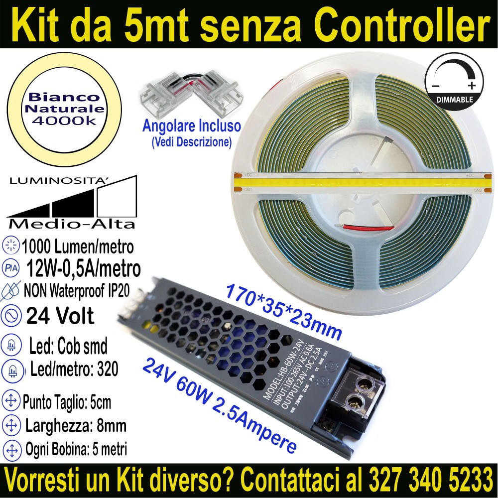 Kit 5m Striscia LED COB Bianco Naturale 4000K 24V 12W/m | IP20 8mm Mod:134