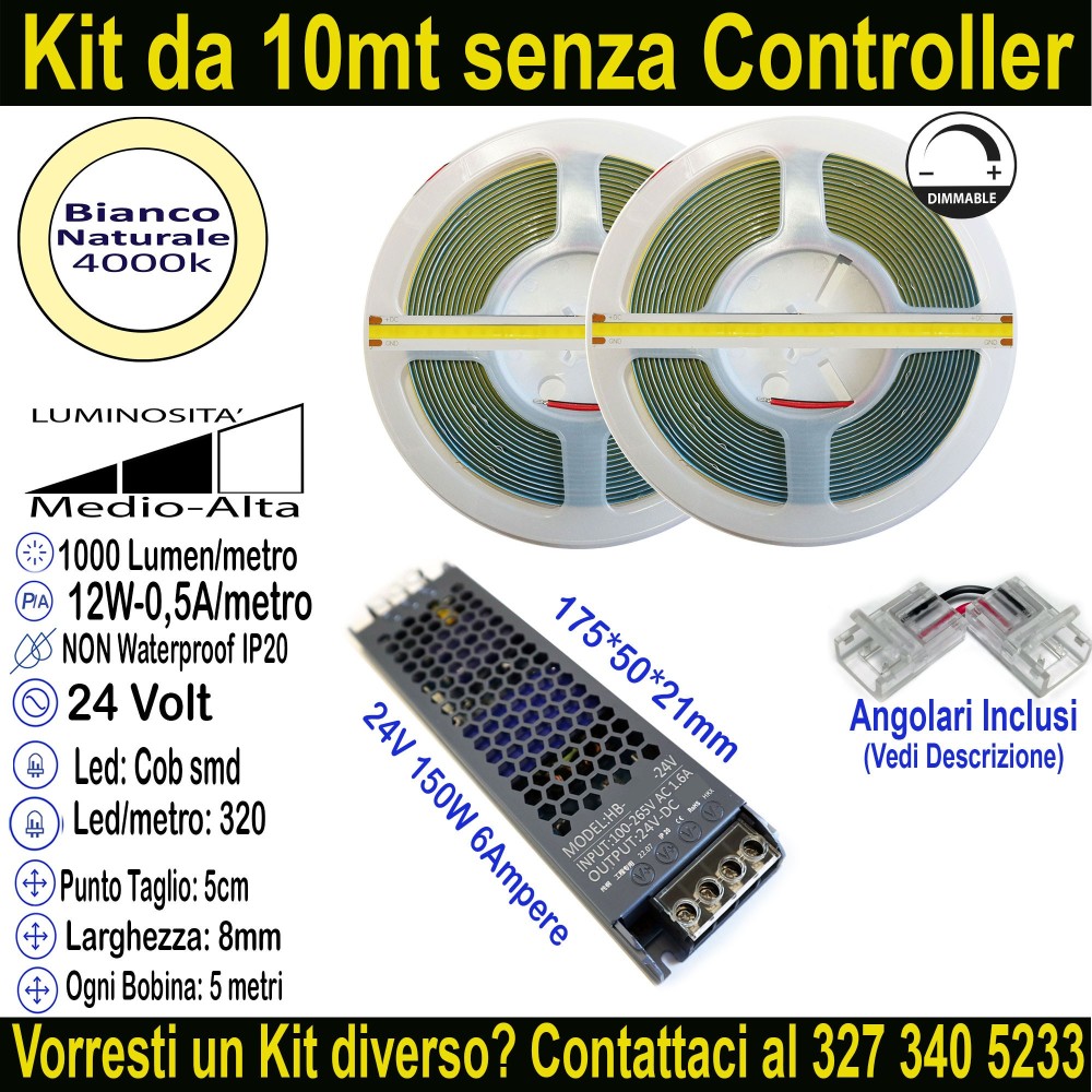 Kit 10m Striscia LED COB Bianco Naturale 4000K 24V 12W/m | IP20 8mm Mod:134