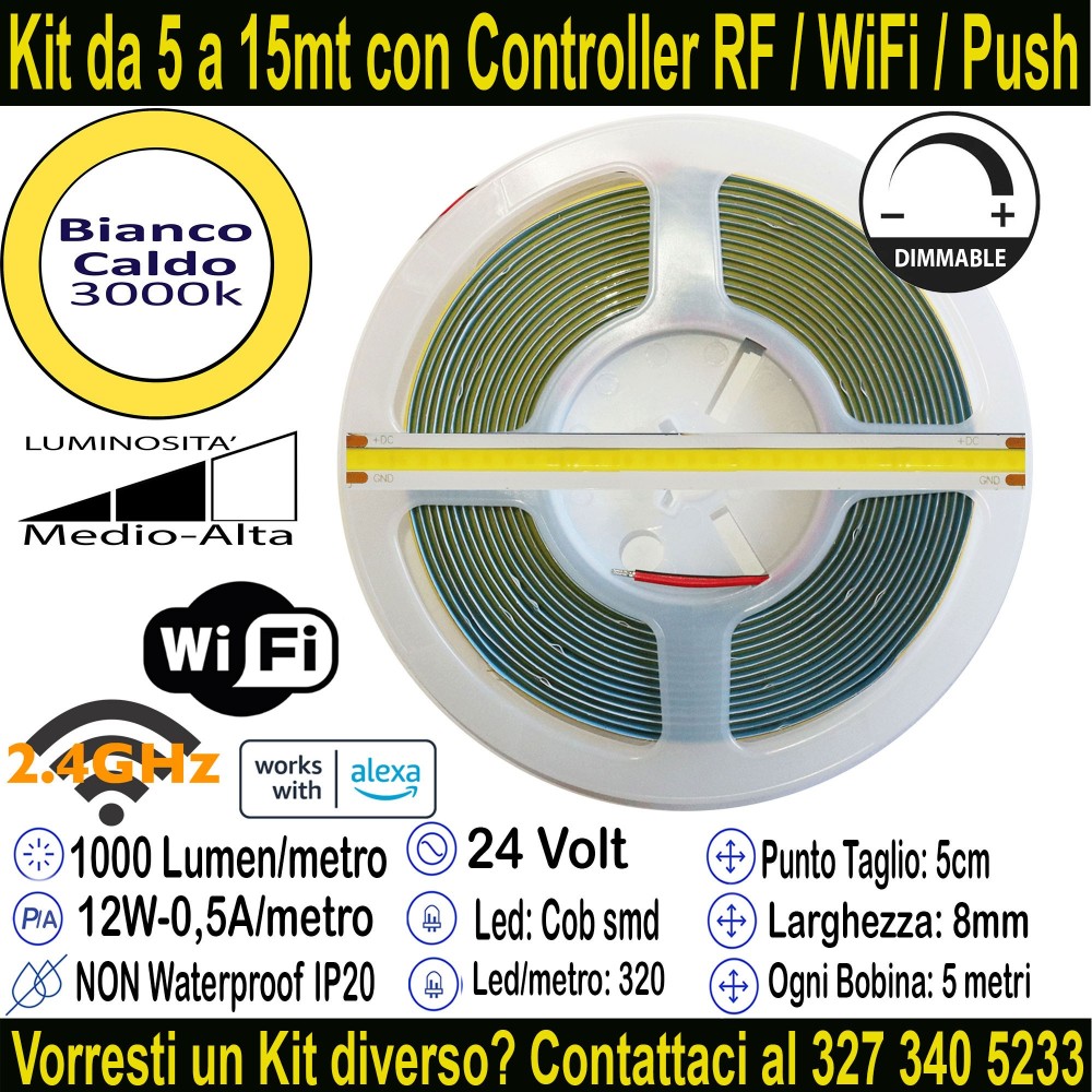 Striscia LED COB Bianco Caldo 3000K 5m 24V 12W/m | IP20 8mm Mod:135