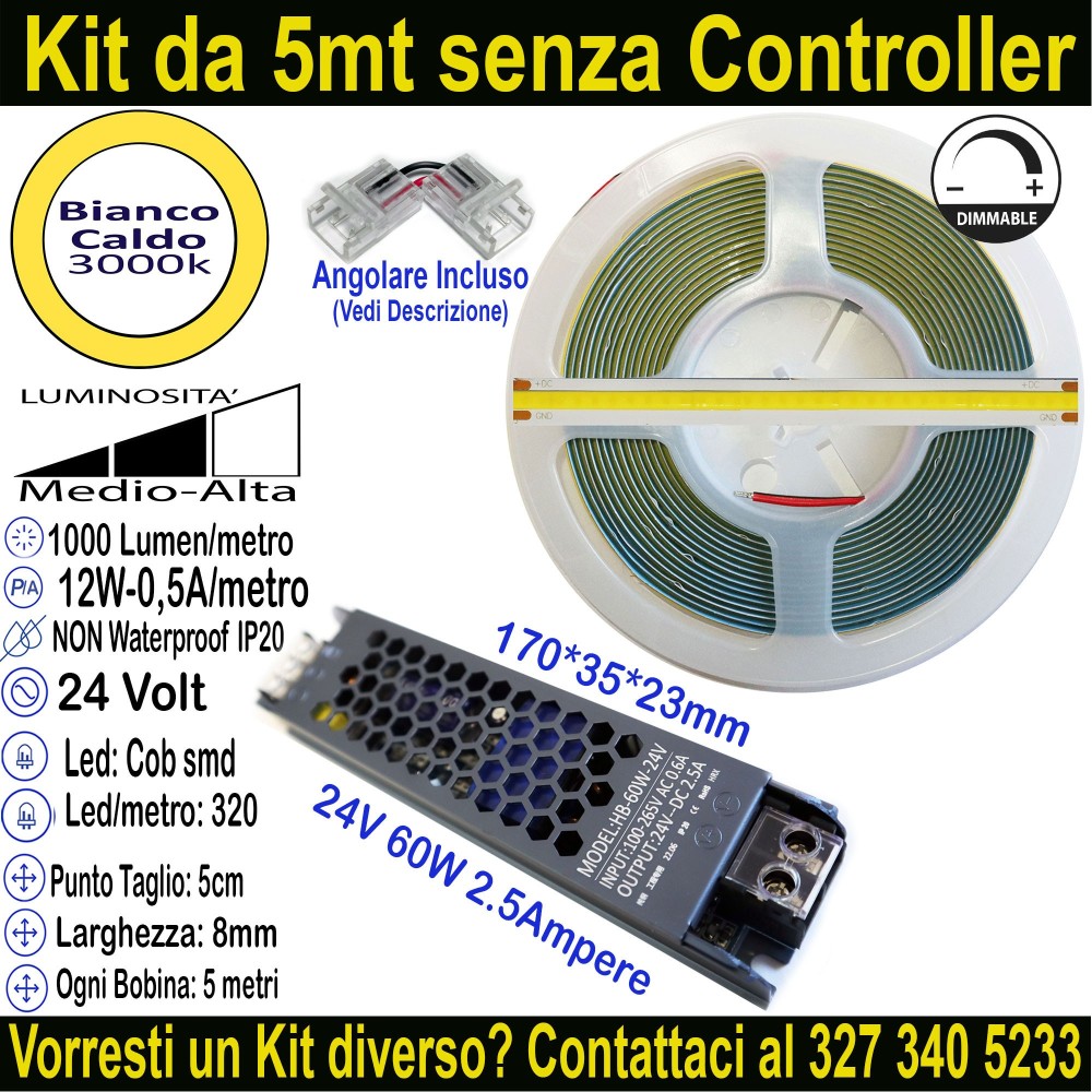 Kit 5m Striscia LED COB Bianco Caldo 3000K 24V 12W/m | IP20 8mm Mod:135