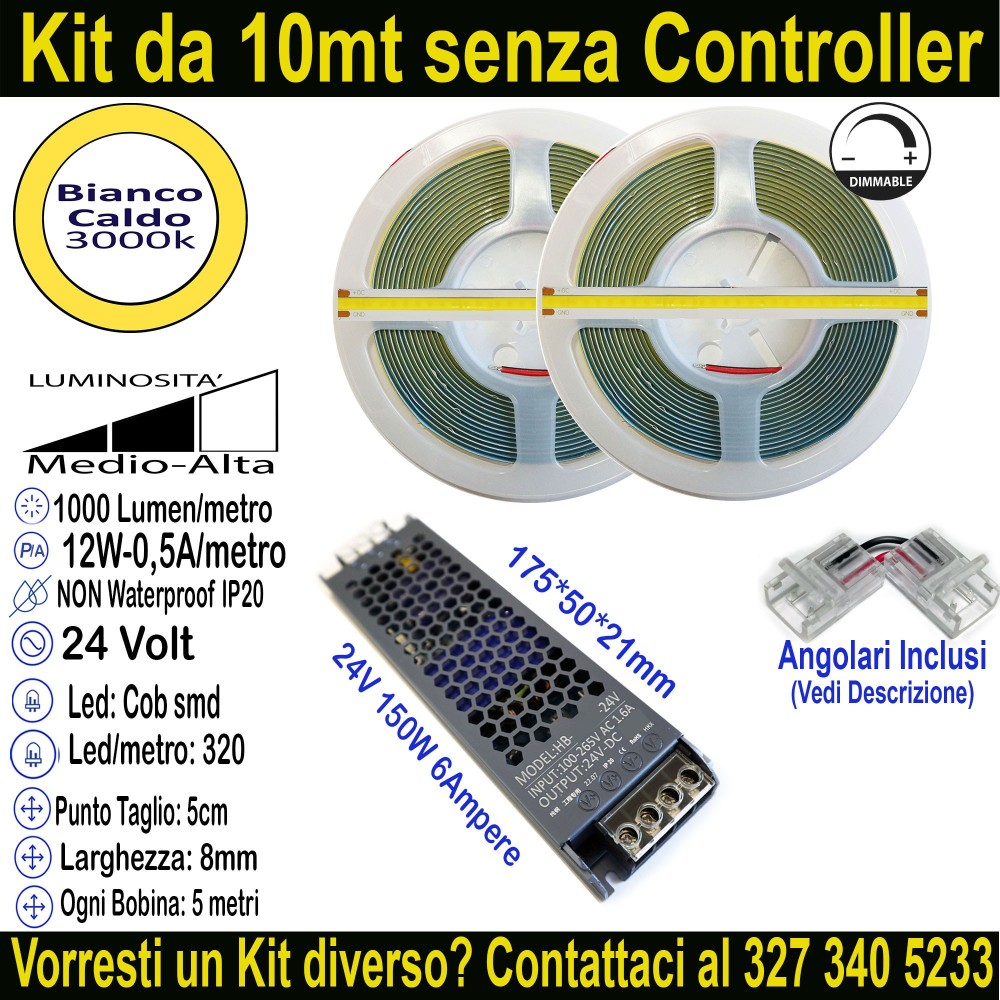 Kit 10m Striscia LED COB Bianco Caldo 3000K 24V 12W/m | IP20 8mm Mod:135