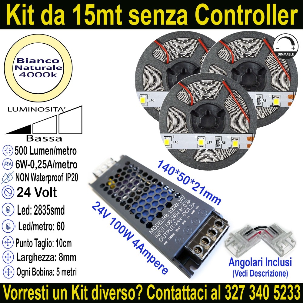 Kit 15m Striscia LED Bianco Naturale 4000K 24V 6W/m | IP20 8mm Mod:141,5