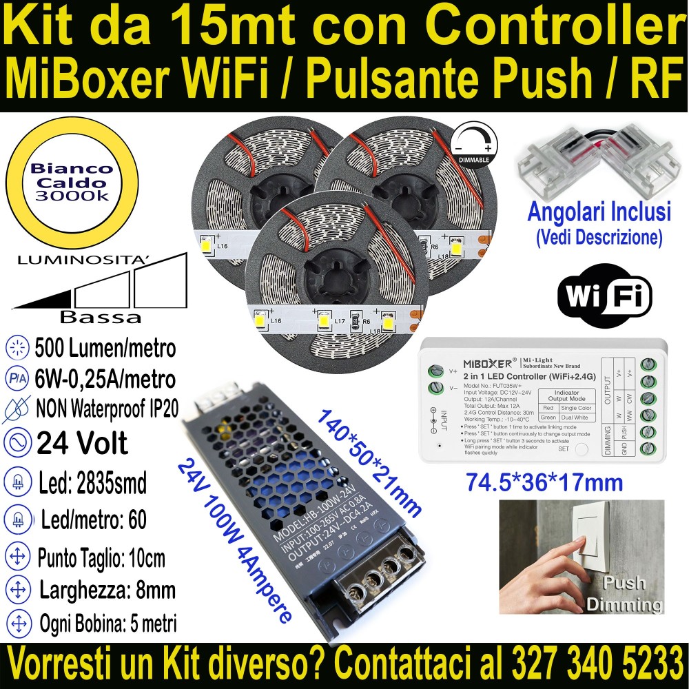Kit 15m Striscia LED Bianco Caldo 3000K 24V 6W/m | IP20 8mm Mod:142
