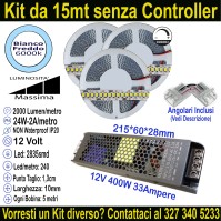 Kit 15m Striscia LED Bianco Freddo 6000K 12V 24W/m | IP20 10mm Mod:58