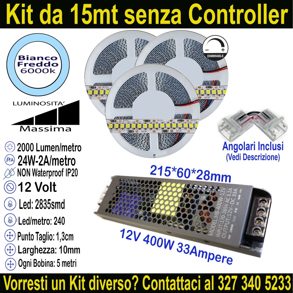 Kit 15m Striscia LED Bianco Freddo 6000K 12V 24W/m | IP20 10mm Mod:58