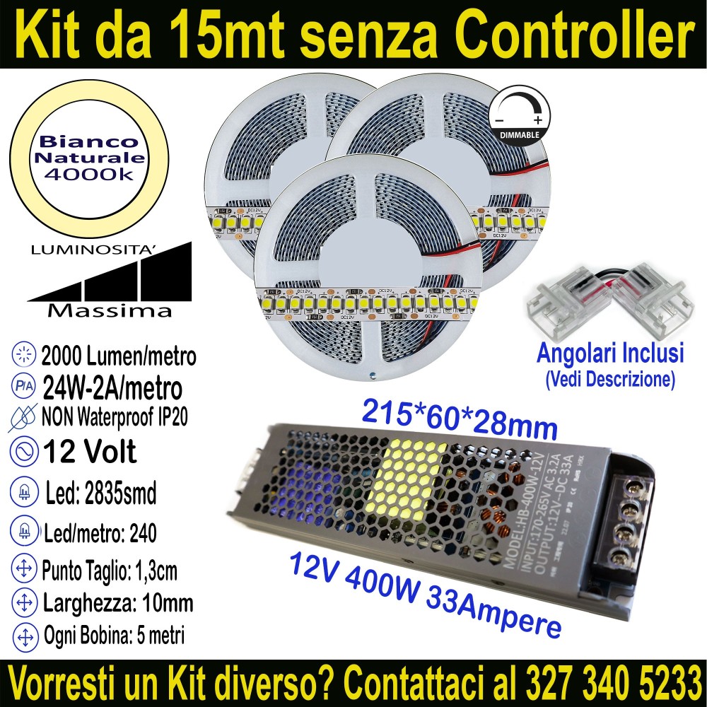 Kit 15m Striscia LED Bianco Naturale 4000K 12V 24W/m | IP20 10mm Mod:58,5