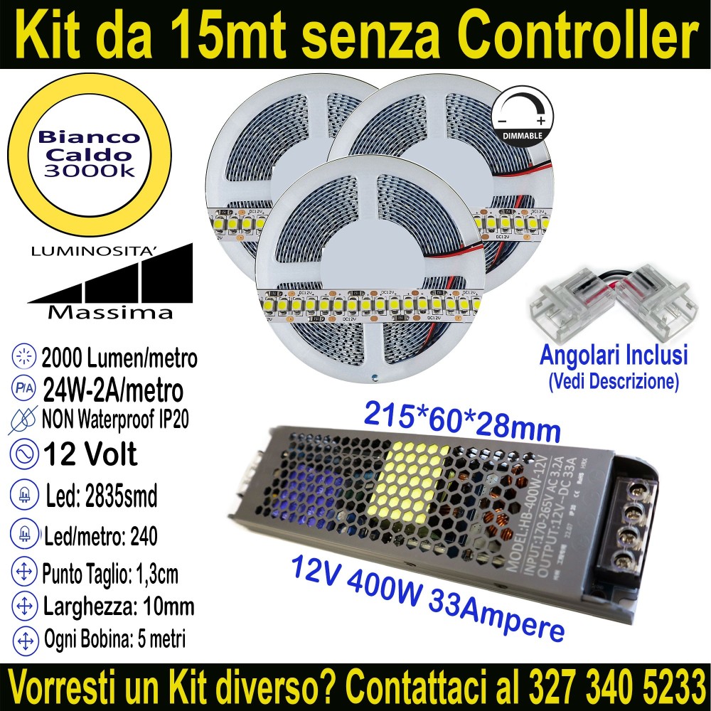 Kit 15m Striscia LED Bianco Caldo 3000K 12V 24W/m | IP20 10mm Mod:59