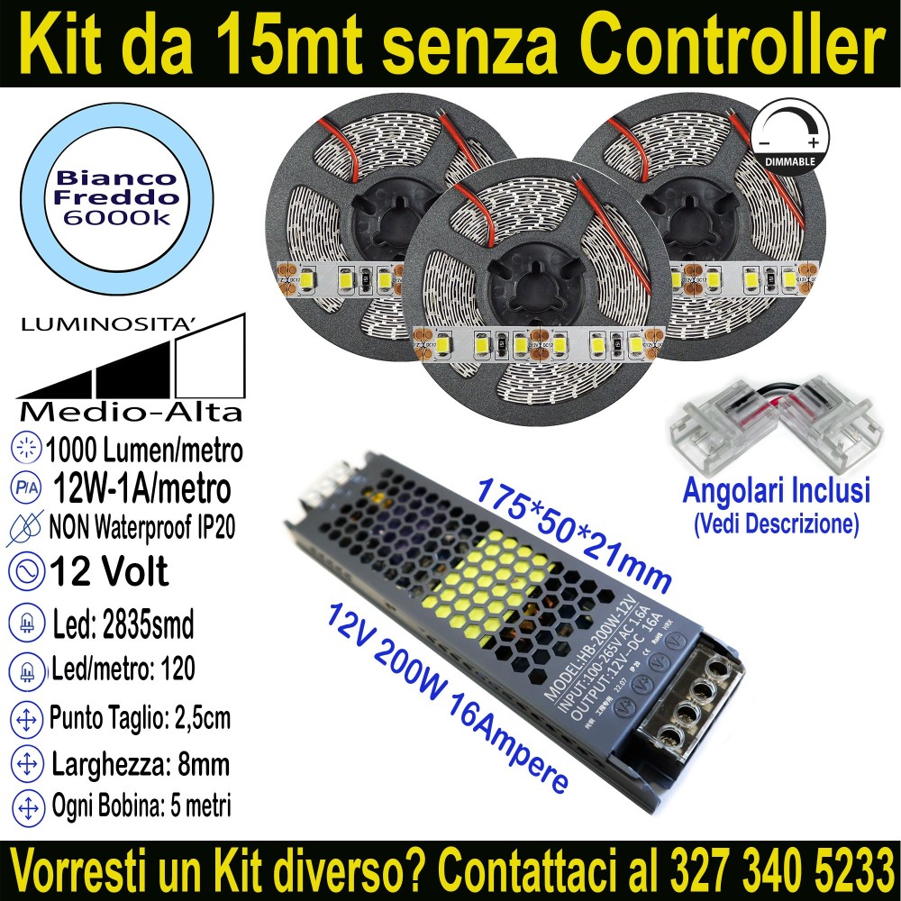 Kit 15m Striscia LED Bianco Freddo 6000K 12V 12W/m | IP20 8mm Mod:38