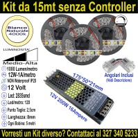 Kit 15m Striscia LED Bianco Naturale 4000K 12V 12W/m | IP20 8mm Mod:38,5