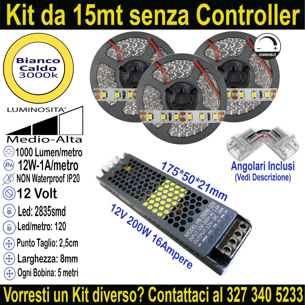 Kit 15m Striscia LED Bianco Caldo 3000K 12V 12W/m | IP20 8mm Mod:39