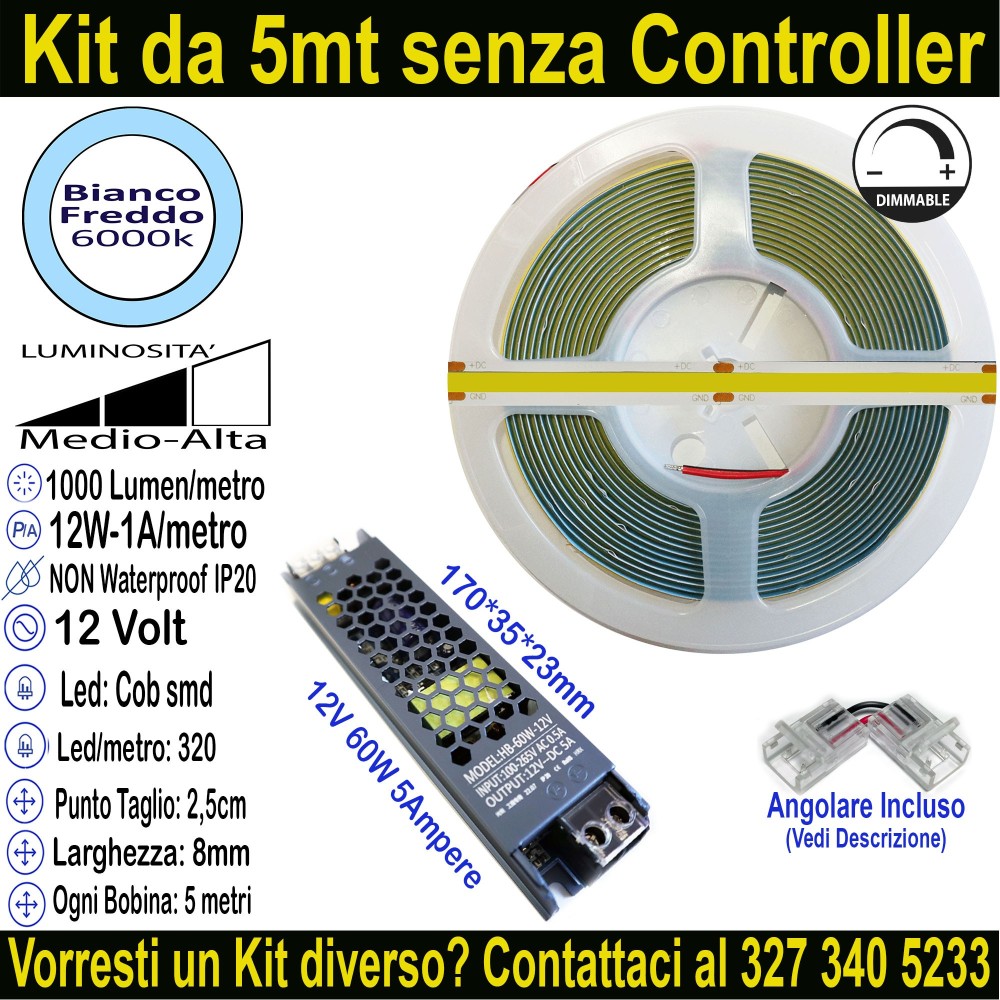 Kit 5m Striscia LED COB Bianco Freddo 6000K 12V 12W/m | IP20 8mm Mod:130