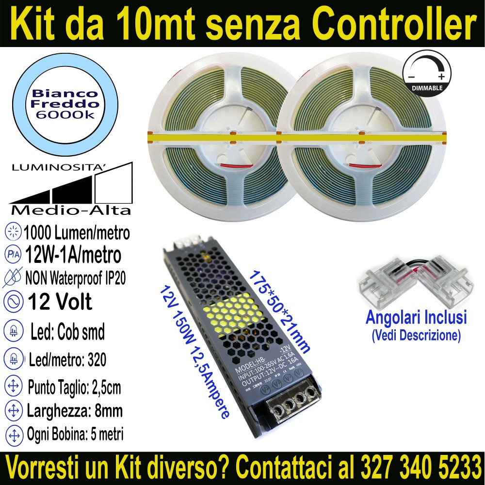 Kit 10m Striscia LED COB Bianco Freddo 6000K 12V 12W/m | IP20 8mm Mod:130