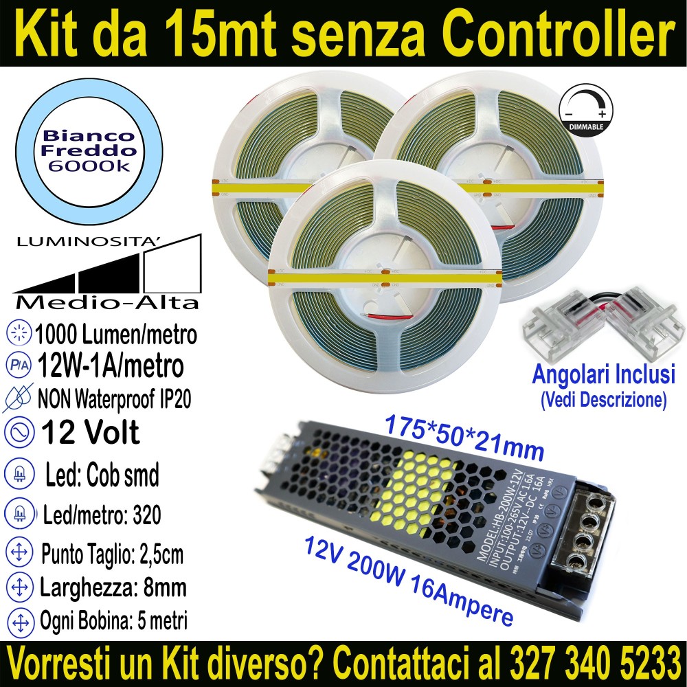 Kit 15m Striscia LED COB Bianco Freddo 6000K 12V 12W/m | IP20 8mm Mod:130