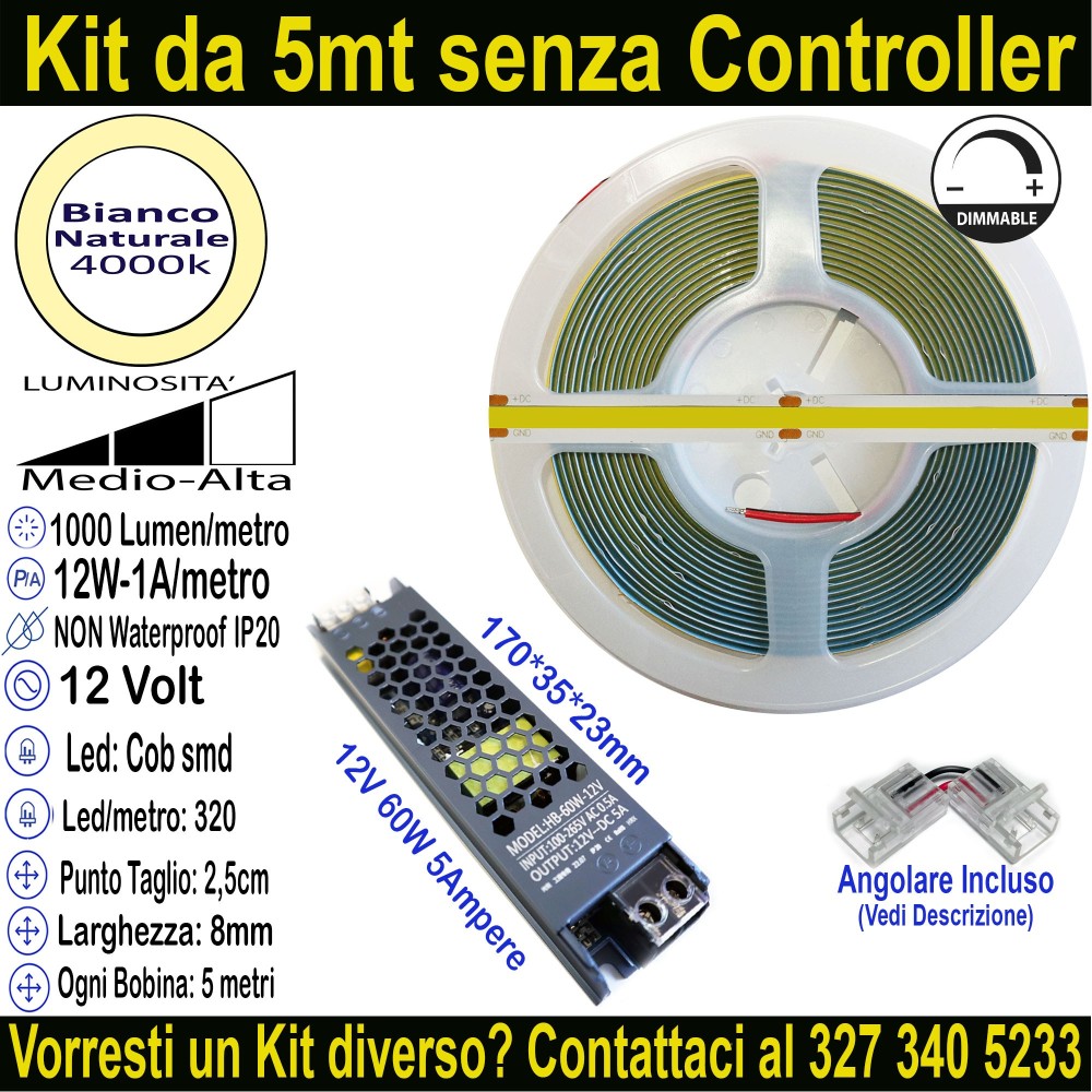 Kit 5m Striscia LED COB Bianco Naturale 4000K 12V 12W/m | IP20 8mm Mod:131