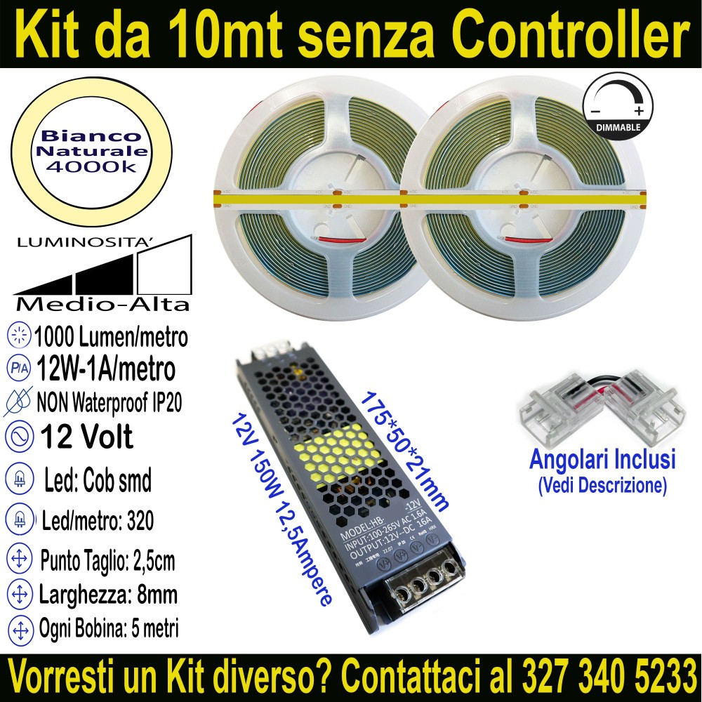 Kit 10m Striscia LED COB Bianco Naturale 4000K 12V 12W/m | IP20 8mm Mod:131